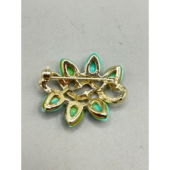 Vintage Mid Century Aqua Blue Leaf Gold Tone Pin Brooch Statement Pin - Picture 4 of 6
